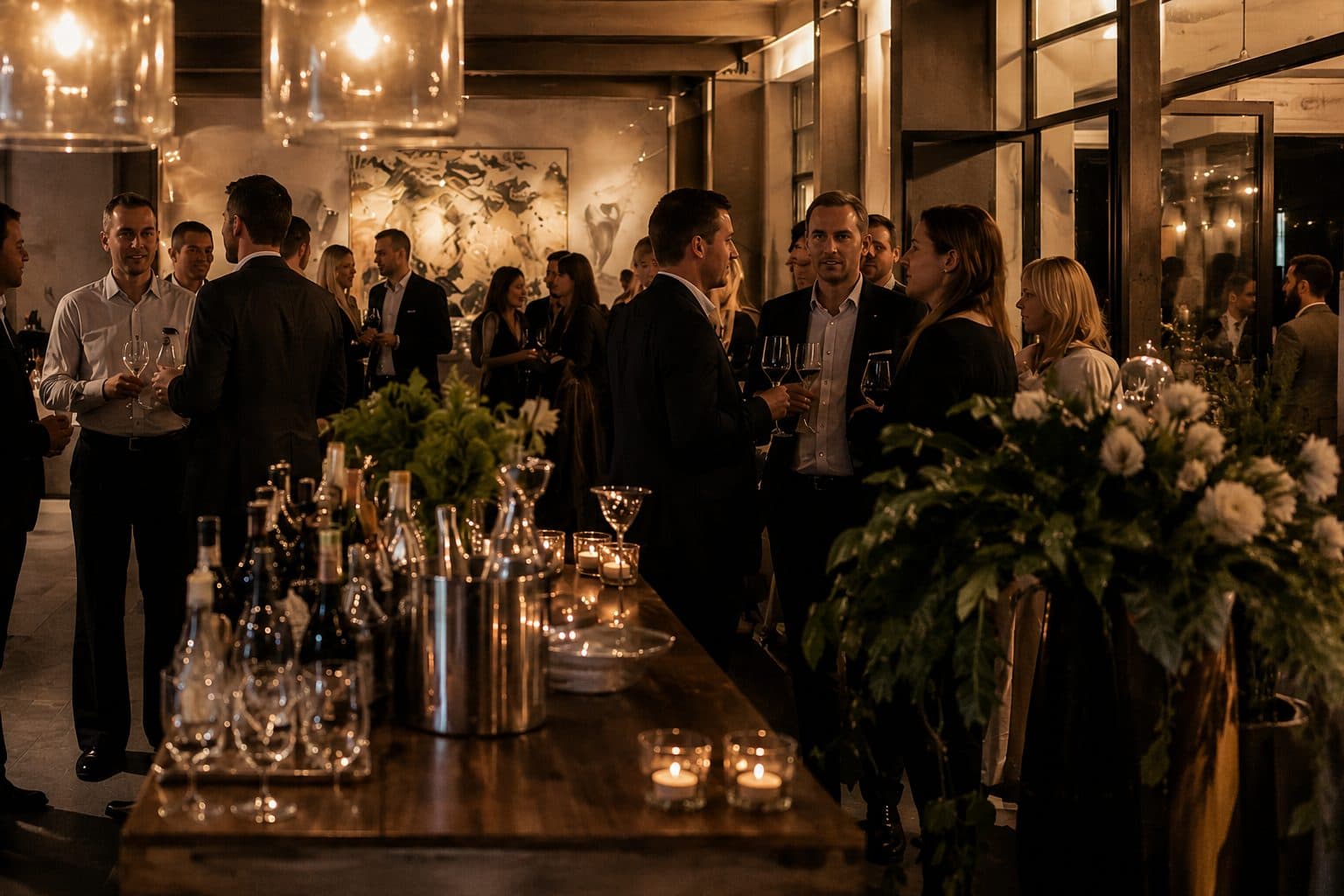 Guests talking over drinks at a candlelit evening reception